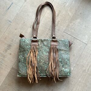 Paisley Tooled Green & Brown Fringe Detail Leather Tote Bag